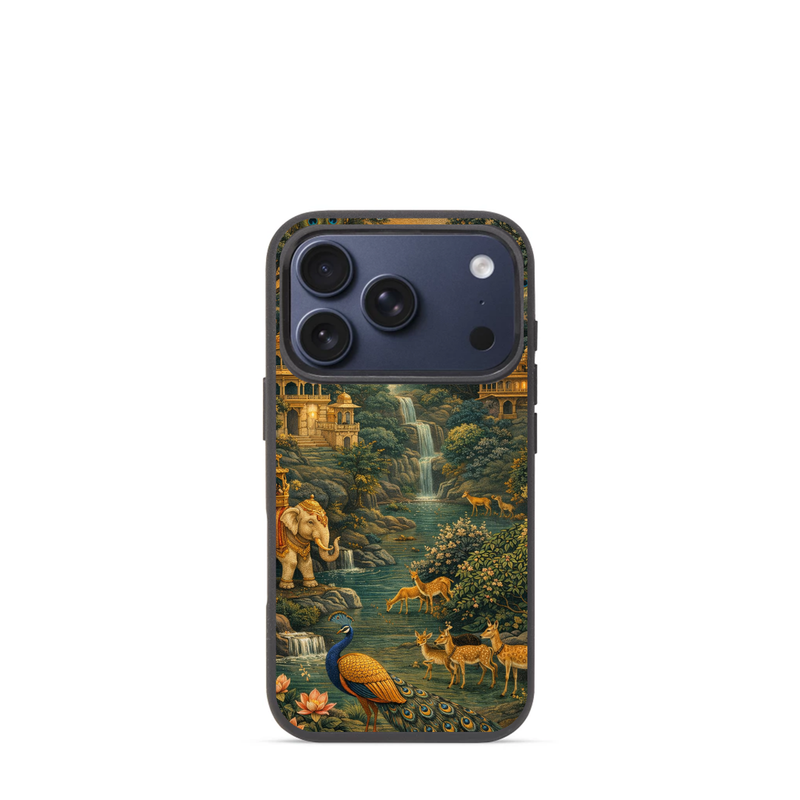Royal Jungle Landscape Art Phone Case – Peacock Elephant Scenic Protective Cover for iPhone & Samsung