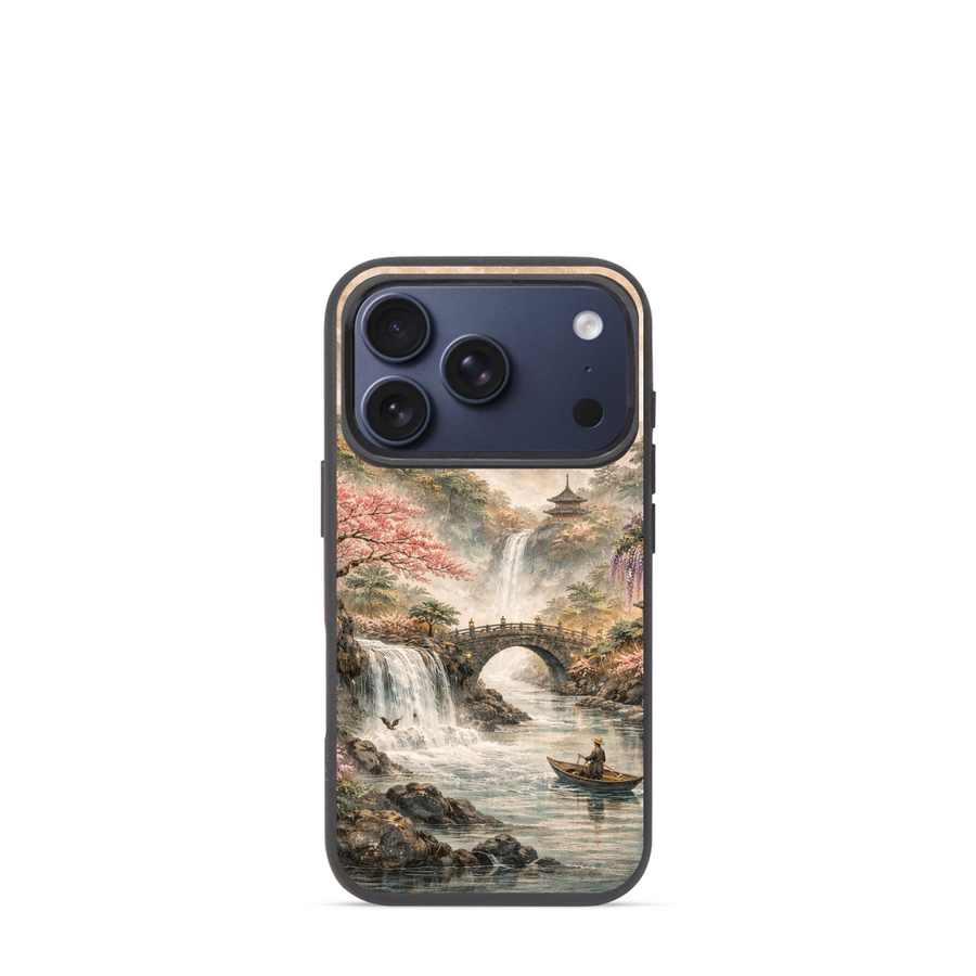 Oriental Landscape Art Phone Case – Waterfall Bridge Scenic Protective Cover for iPhone & Samsung