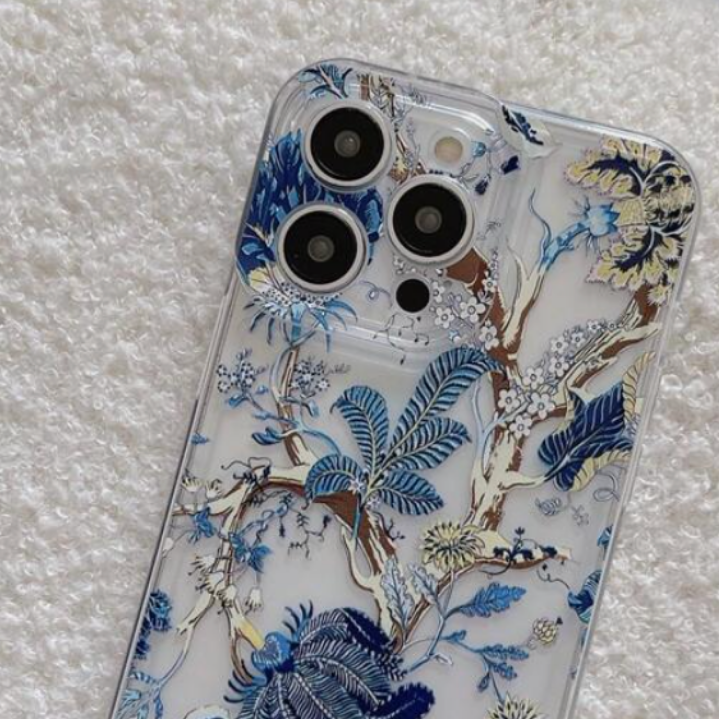 Blue Botanical Floral Transparent Phone Case – Clear Protective Cover for iPhone, Samsung & OnePlus