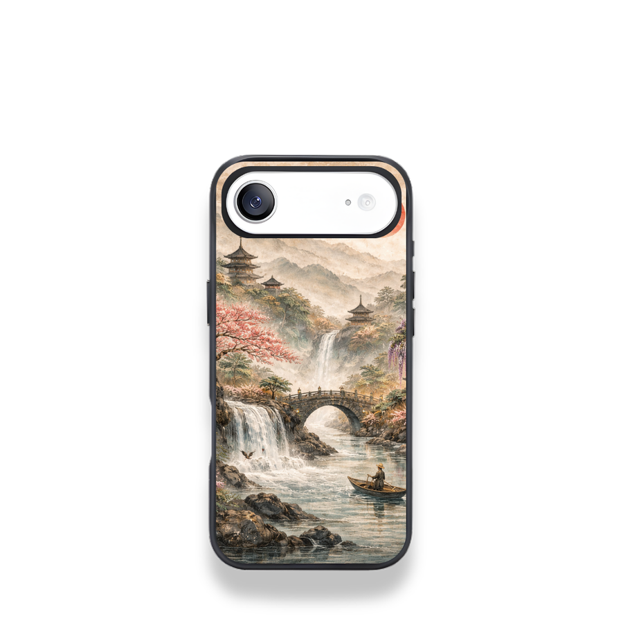 Oriental Landscape Art Phone Case – Waterfall Bridge Scenic Protective Cover for iPhone & Samsung