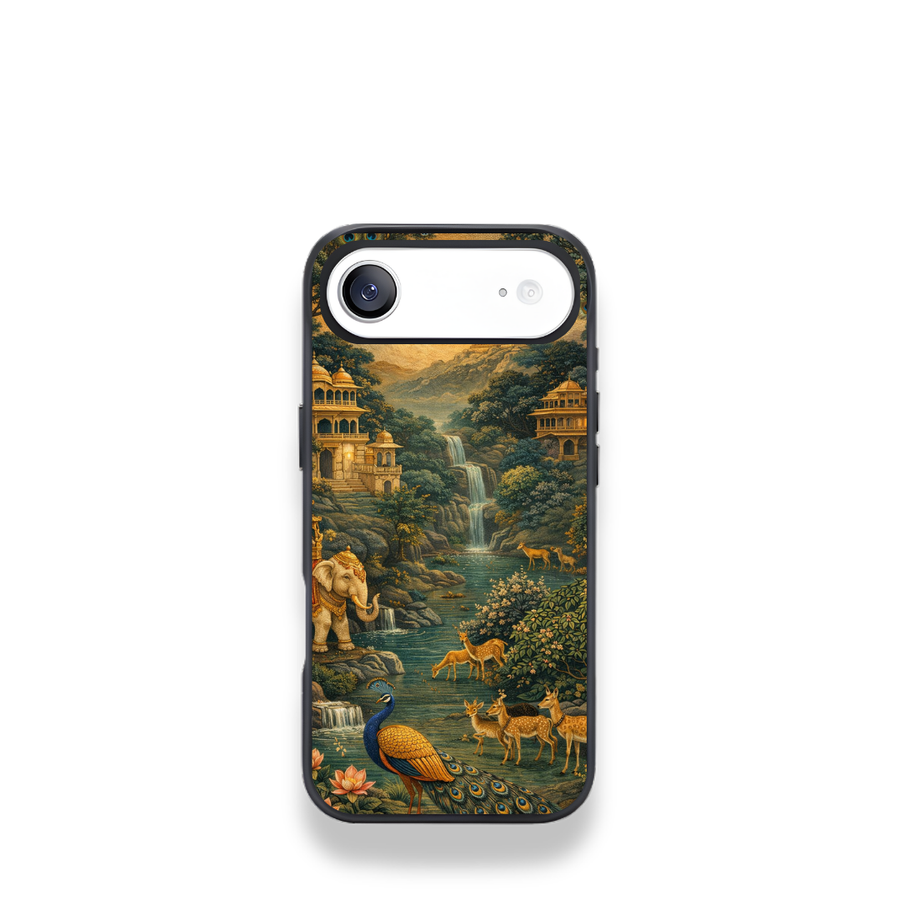 Royal Jungle Landscape Art Phone Case – Peacock Elephant Scenic Protective Cover for iPhone & Samsung