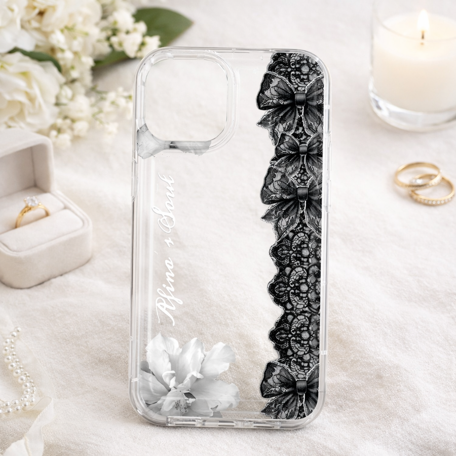 Black Lace Bow Transparent Phone Case – Elegant Clear Protective Cover for iPhone, Samsung & OnePlus