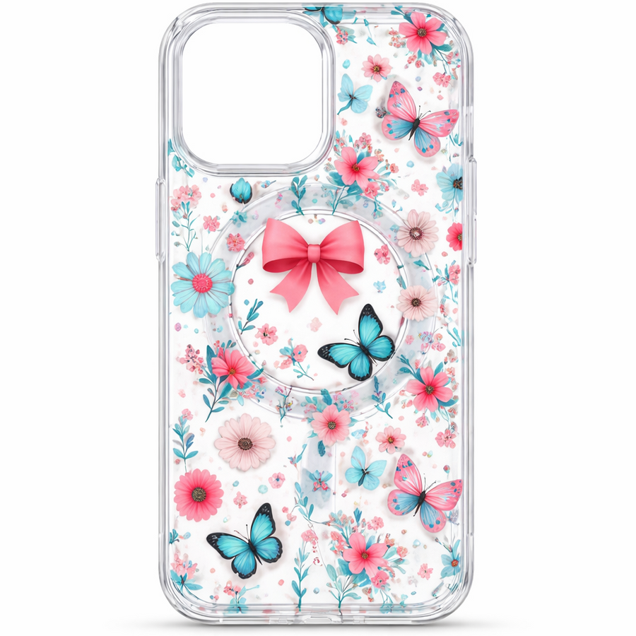 Floral Butterfly Bow MagSafe Transparent Phone Case – Magnetic Clear Protective Cover for iPhone & Samsung