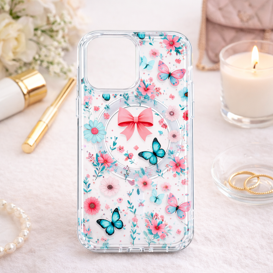 Floral Butterfly Bow MagSafe Transparent Phone Case – Magnetic Clear Protective Cover for iPhone & Samsung