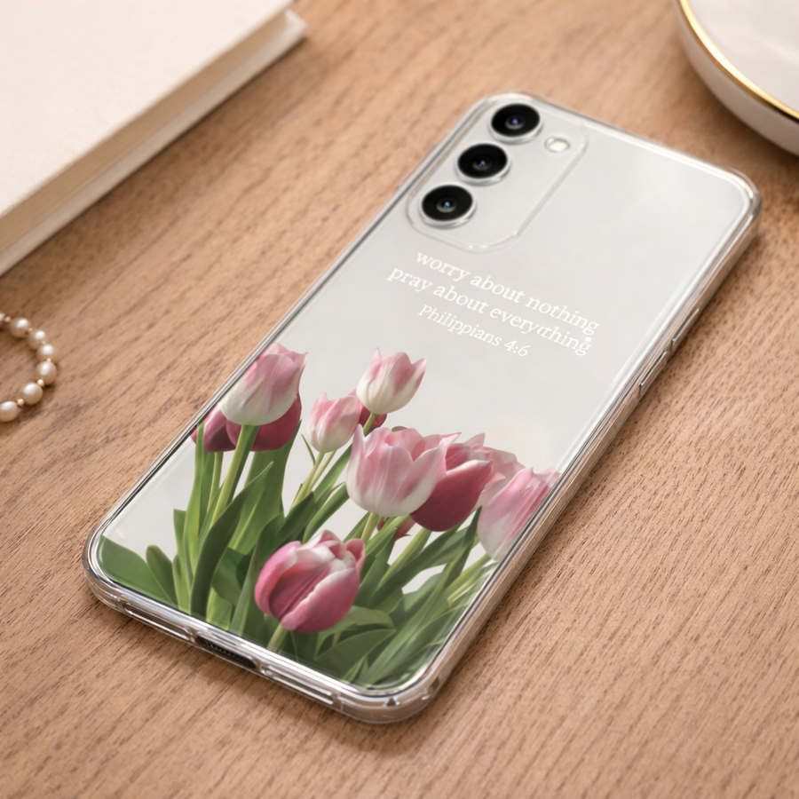 Tulip Flower Clear Phone Case with Inspirational Quote – Transparent Protective Cover for iPhone, Samsung & OnePlus