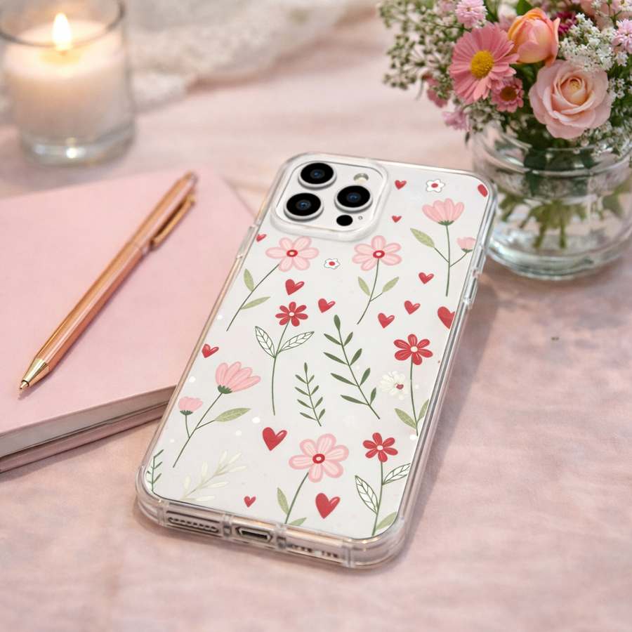 Cute Floral Heart Printed Transparent Phone Case – Slim Clear Protective Cover for iPhone, Samsung & OnePlus