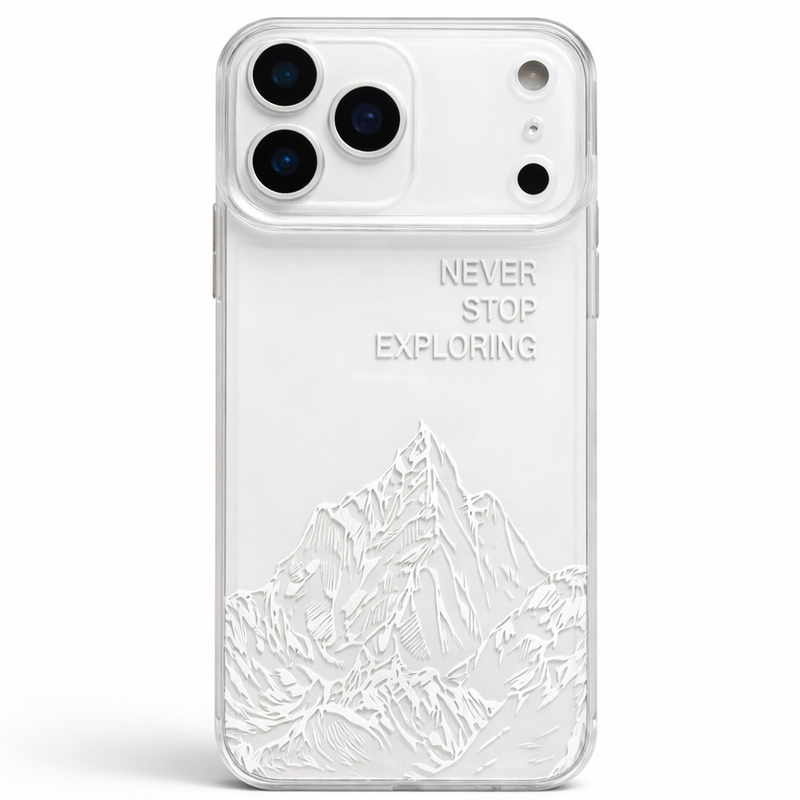Mountain Embossed Clear Phone Case – “Never Stop Exploring” Transparent Protective Cover for iPhone, Samsung & OnePlus