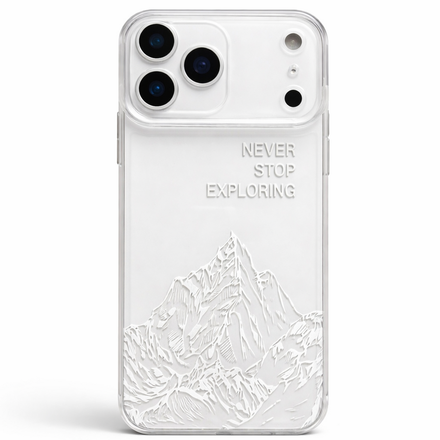 Mountain Embossed Clear Phone Case – “Never Stop Exploring” Transparent Protective Cover for iPhone, Samsung & OnePlus