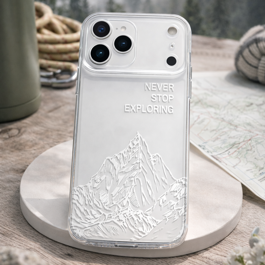 Mountain Embossed Clear Phone Case – “Never Stop Exploring” Transparent Protective Cover for iPhone, Samsung & OnePlus